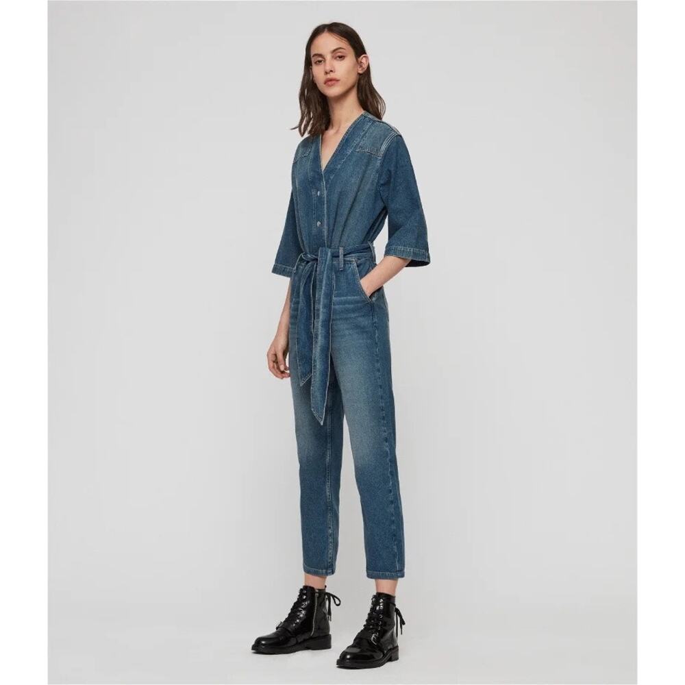 AllSaints Utility Denim Jumpsuit Womens Blue Workwear One Piece Size 8 M